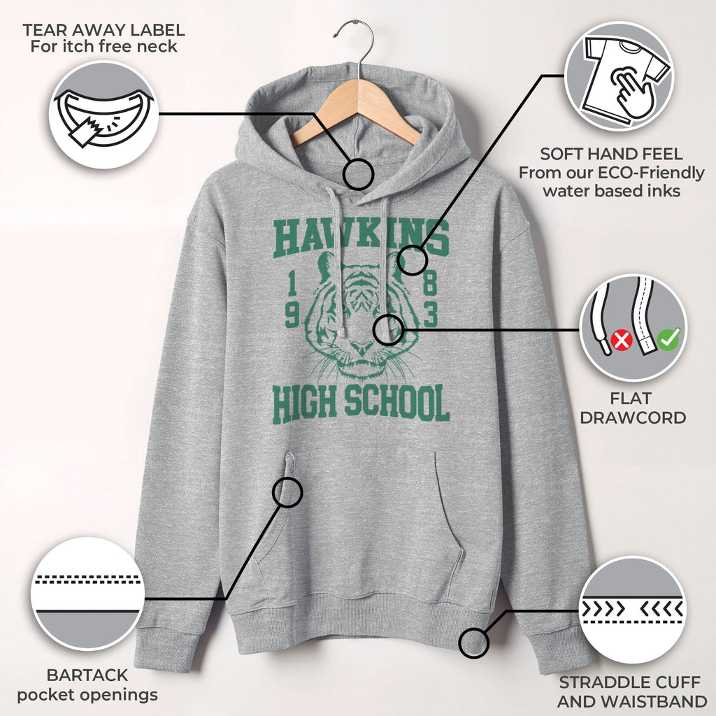 Netflix Men's Stranger Things Hawkins High School Tiger 1983 Pull Over Hoodie Athletic Heather 2X Large