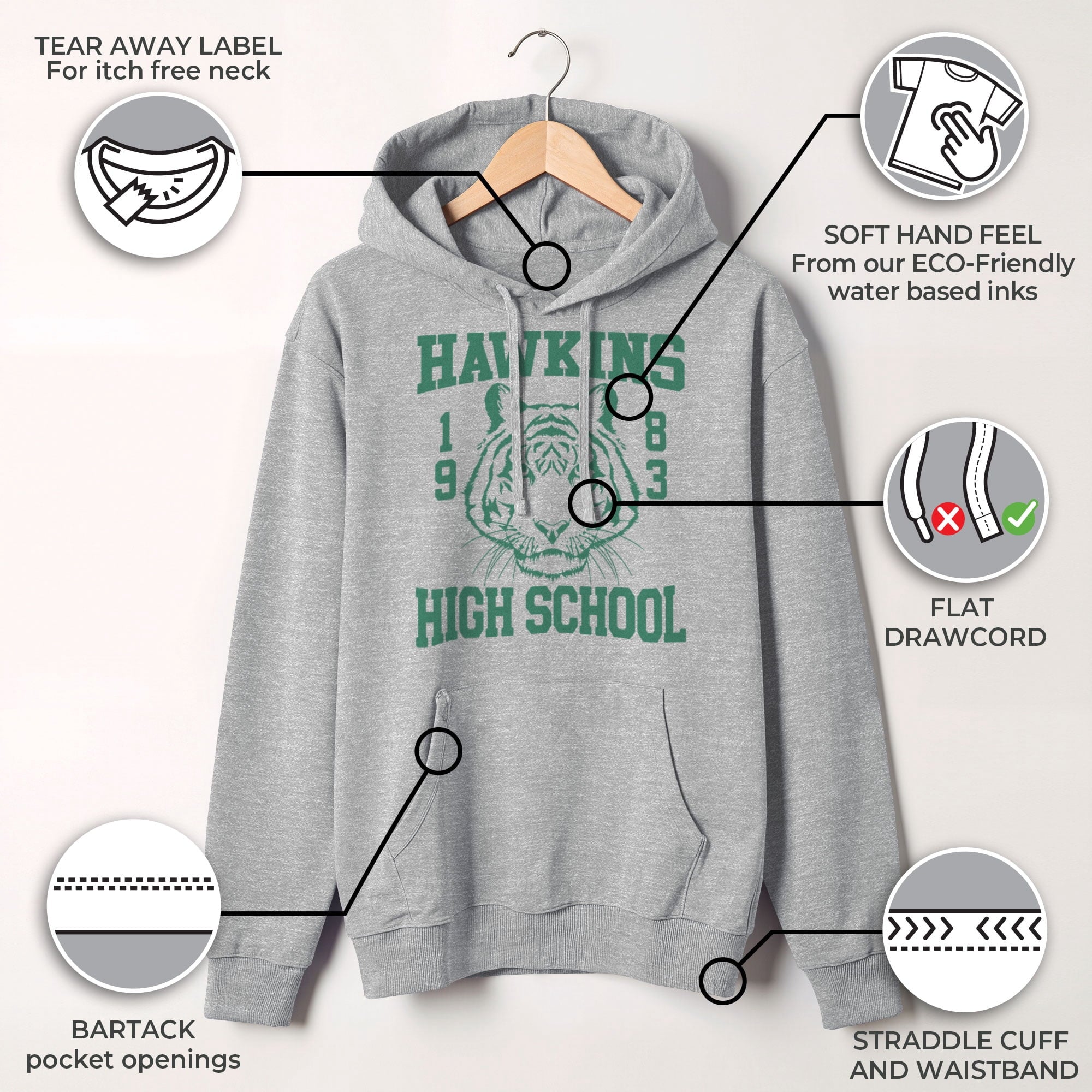 Netflix Men's Stranger Things Hawkins High School Tiger 1983 Pull Over Hoodie Athletic Heather 2X Large