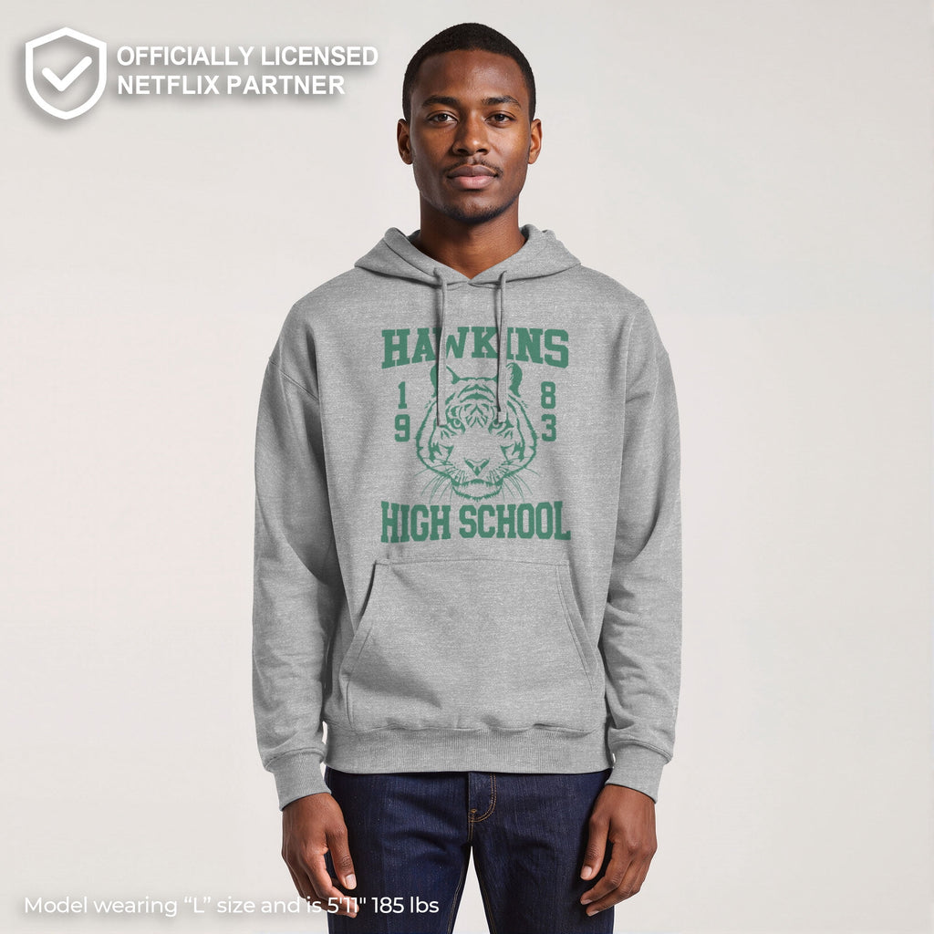 Netflix Men's Stranger Things Hawkins High School Tiger 1983 Pull Over Hoodie Athletic Heather 2X Large