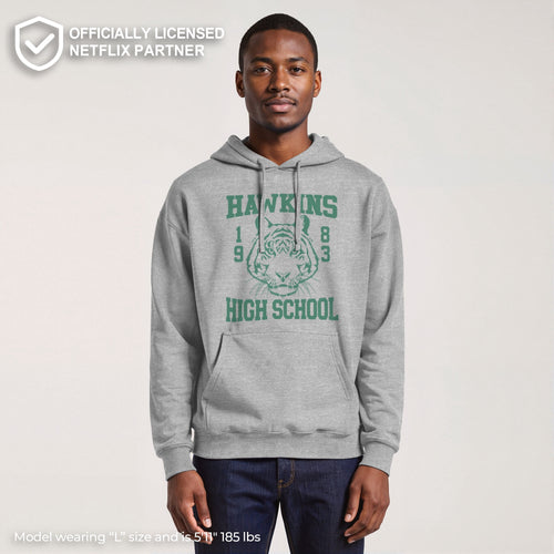 Netflix Men's Stranger Things Hawkins High School Tiger 1983 Pull Over Hoodie Athletic Heather 2X Large