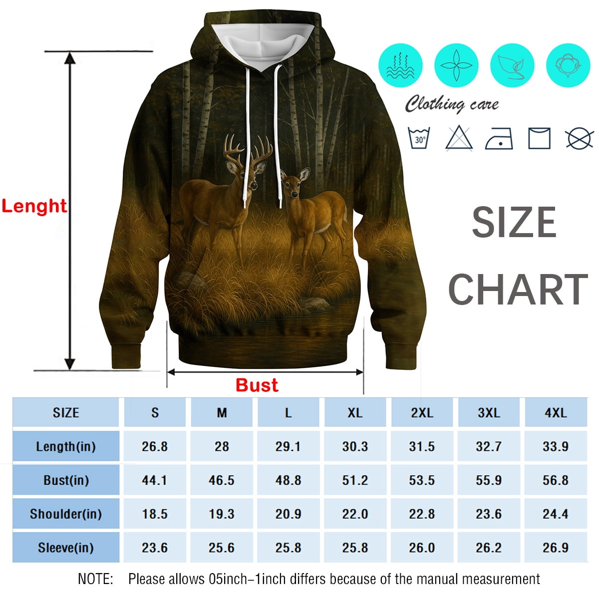 Rebaike Men's & Women's Deer Couple Hoodie 3D Forest Buck and Doe Pullover Sweatshirt