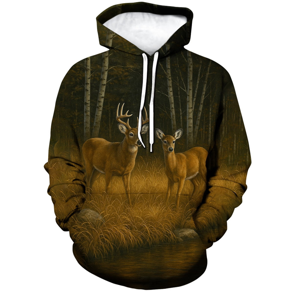 Rebaike Men's & Women's Deer Couple Hoodie 3D Forest Buck and Doe Pullover Sweatshirt