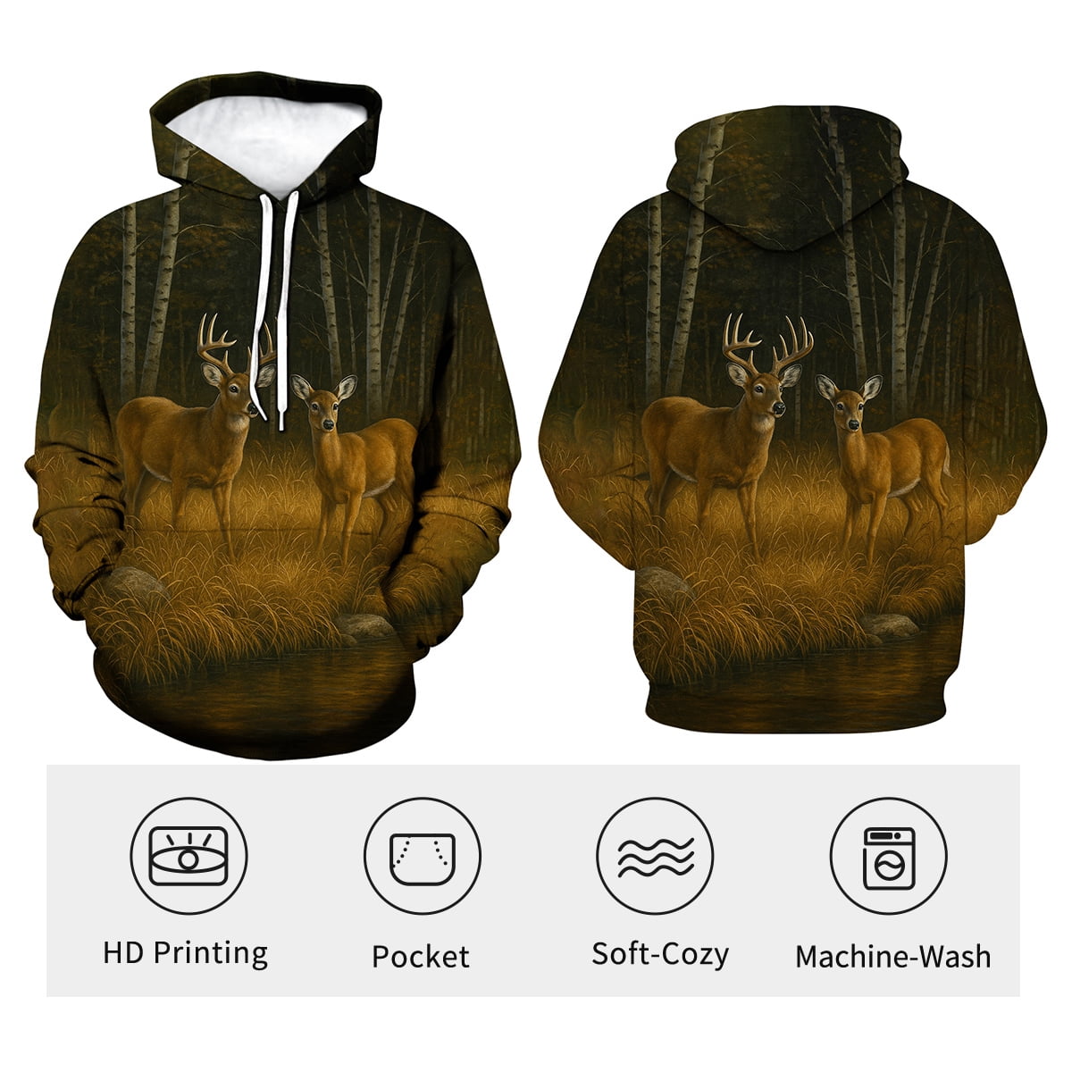 Rebaike Men's & Women's Deer Couple Hoodie 3D Forest Buck and Doe Pullover Sweatshirt